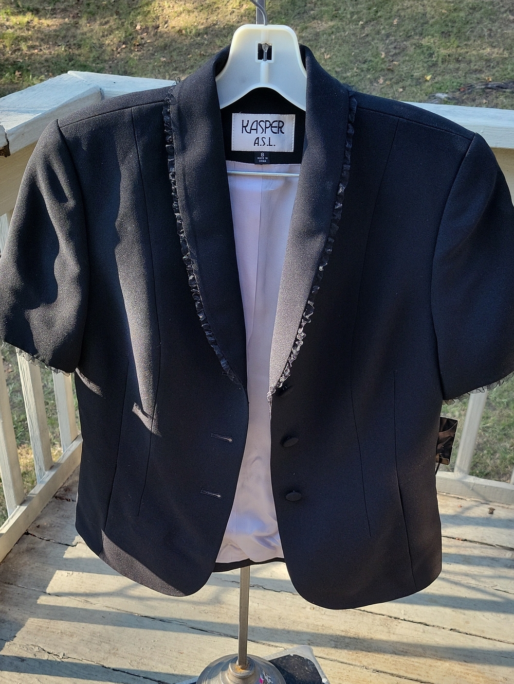 Kasper Black Short-Sleeve Blazer with Satin-Trim Shawl Collar